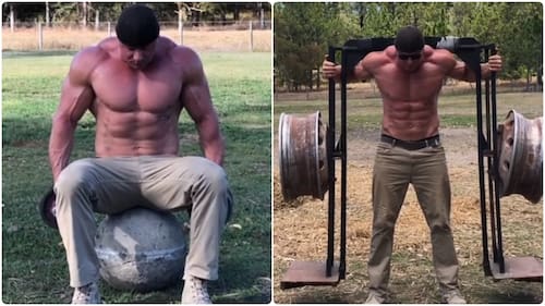 A man lifting weights in his garden